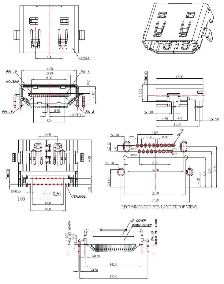 HDMI-A-8,HDMI 19P JACK DIP ,HDMI母座沉板,板上高H:4.37mm規格圖