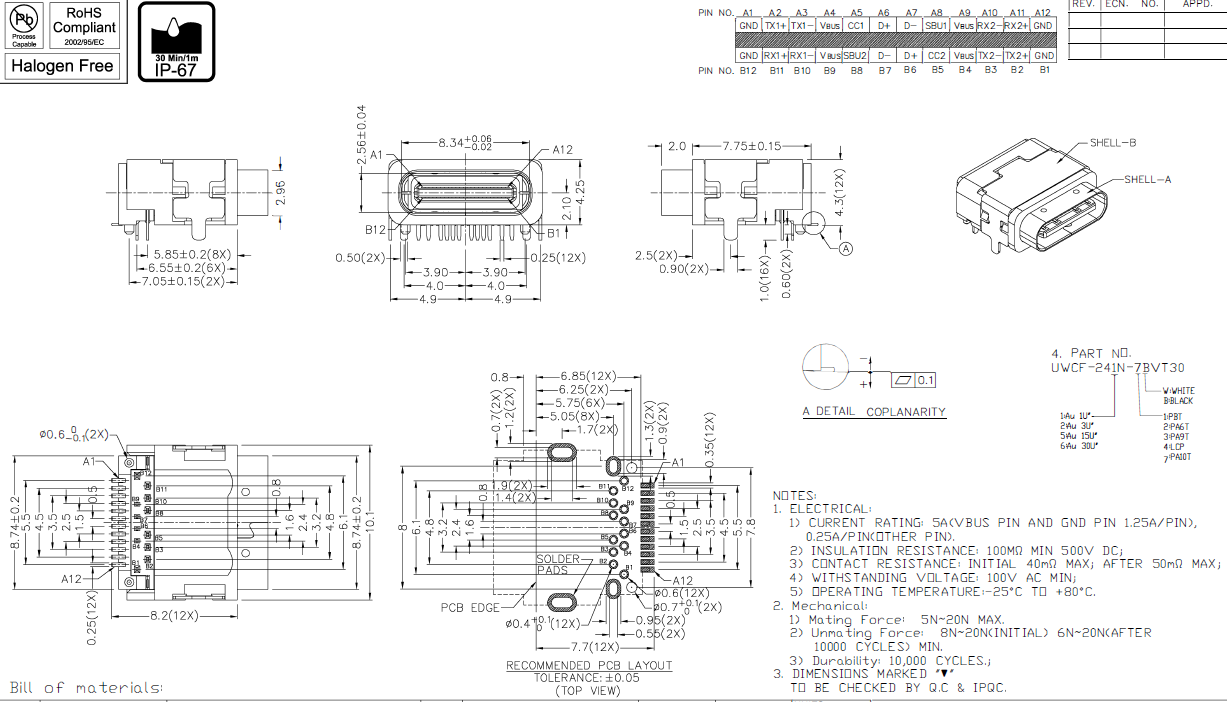 防水 USB Type-C 母座 連接器 板上 90度 24PIN 前插后貼 四腳 PA10料 CL=2.1 H=4.3 L=9.75規格圖